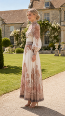 Vintage Baroque Print High Neck Maxi Dress with Sheer Puff Sleeves