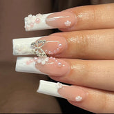 24Pcs Full Cover False Nails with Glue Extra Long Ballerina Coffin Detachable Fake Nails Flower Design Press on Nails Manicure