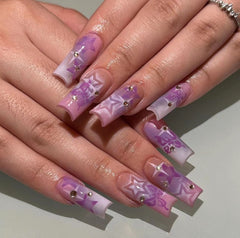 24Pcs Purple Y2K Press on Nails Star Diamond Designs Full Cover Fake Nails Long Coffin Acrylic False Nails for Women 2024 New
