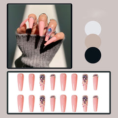 24pcs Matte Fake Nails Extra Long Ballerina Coffin Dark Blue Colorful Rhinestone Decals False Nails with designs Nail Art