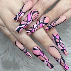 24pcs Press on Nails Punk Black White Patchwork Fire Pattern Long Coffin False Nails Ballerina Fake Nail Art Manicure Full Tips