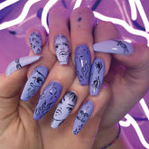 Black Comic Hand Drawn Pattern Wearable Nail Art Glossy Purple Long Ballet Detachable Finished False Nails Press on Nails