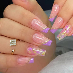 Detachable Manicure Wearable Nail Art Press On Nails purple Glitter French False Nails Long Coffin Fake Nails Full Cover Tips