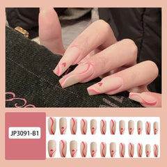 Glossy Pink Wearable Nail Art Blue Rhinestone Extra Long Ballet Detachable Finished False Nails Press on Nails with Glue