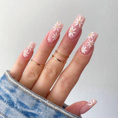 Pink False Nails With Small Flower Design Detachable Long Coffin French Ballerina Fake Nails Full Cover Nail Tips Press On Nails