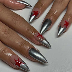 Sweet Cool Silver Stars Rhinestone Wearable Almond Shape Fake Nails Y2K Finished False Nails Press on Nails with Glue Wholesale