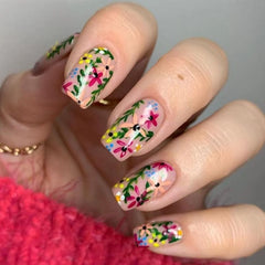 Summer New Square False Nails French Fake Nails With Flower Pattern Designs False Nails Full Cover Detachable Press on Nail Tips