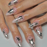 Sweet Cool Silver Stars Rhinestone Wearable Almond Shape Fake Nails Y2K Finished False Nails Press on Nails with Glue Wholesale