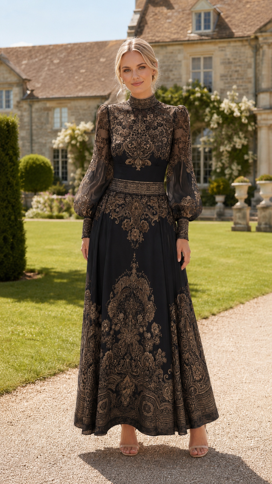Vintage Baroque Print High Neck Maxi Dress with Sheer Puff Sleeves