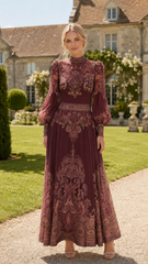 Vintage Baroque Print High Neck Maxi Dress with Sheer Puff Sleeves