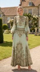 Vintage Baroque Print High Neck Maxi Dress with Sheer Puff Sleeves