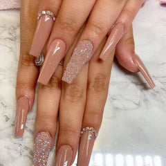 24Pcs Full Cover False Nails with Glue Extra Long Ballerina Coffin Detachable Fake Nails Flower Design Press on Nails Manicure