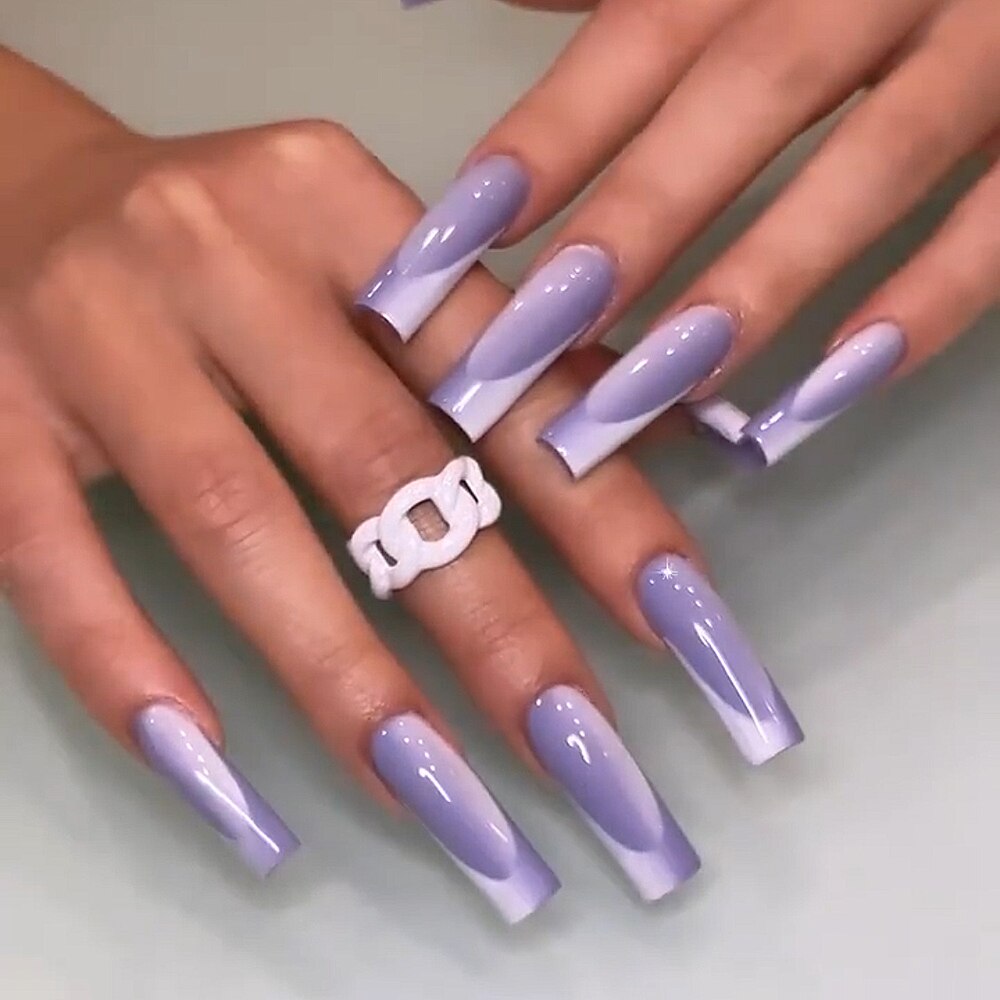 24pcs Gradient Ballet False Y2k Nails Press On Long Coffin French Nail Tips Full Cover Acrylic Fake Nails Stickers