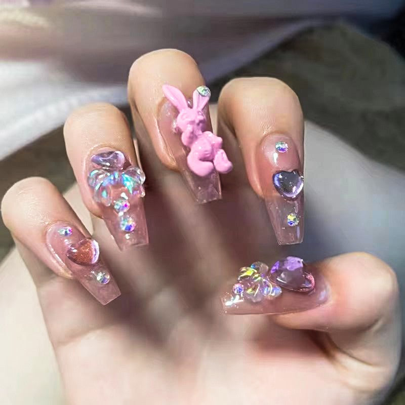 24pcs Kawaii Press on Nails y2k False Nails Set Rhinestone Acrylic Artificial Nails with Design Reusable french Long Fake Tips