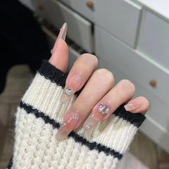 24pcs Kawaii Press on Nails y2k False Nails Set Rhinestone Acrylic Artificial Nails with Design Reusable french Long Fake Tips