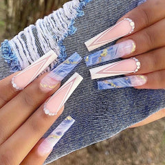 24pcs Matte Fake Nails Extra Long Ballerina Coffin Dark Blue Colorful Rhinestone Decals False Nails with designs Nail Art