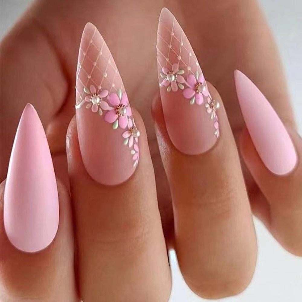 24pcs Matte Pink Almond Press On Nails Flower Design Fake Nails New Fashion French Style Full Cover False Nail Acrylic Nail Tips