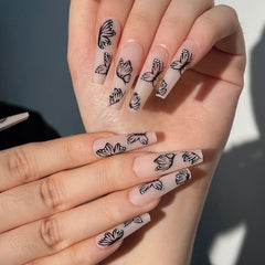 24pcs Press on Nails Punk Black White Patchwork Fire Pattern Long Coffin False Nails Ballerina Fake Nail Art Manicure Full Tips