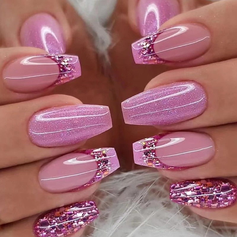 Detachable Manicure Wearable Nail Art Press On Nails purple Glitter French False Nails Long Coffin Fake Nails Full Cover Tips