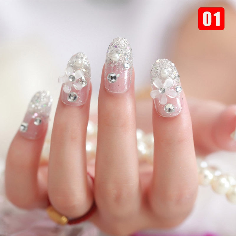 24pcs False Nails Floral Beads Decorated Artificial Nail Tips Bride Reusable Fingernails Fake Nail Press On Nail накладные ногти
