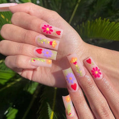 Pink False Nails With Small Flower Design Detachable Long Coffin French Ballerina Fake Nails Full Cover Nail Tips Press On Nails