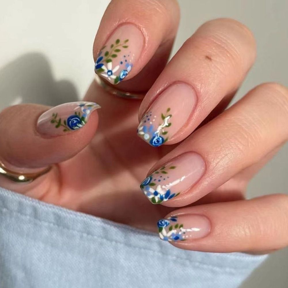 Summer New Square False Nails French Fake Nails With Flower Pattern Designs False Nails Full Cover Detachable Press on Nail Tips