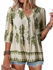 Women's Boho Floral V-Neck Button-Down Peplum Blouse